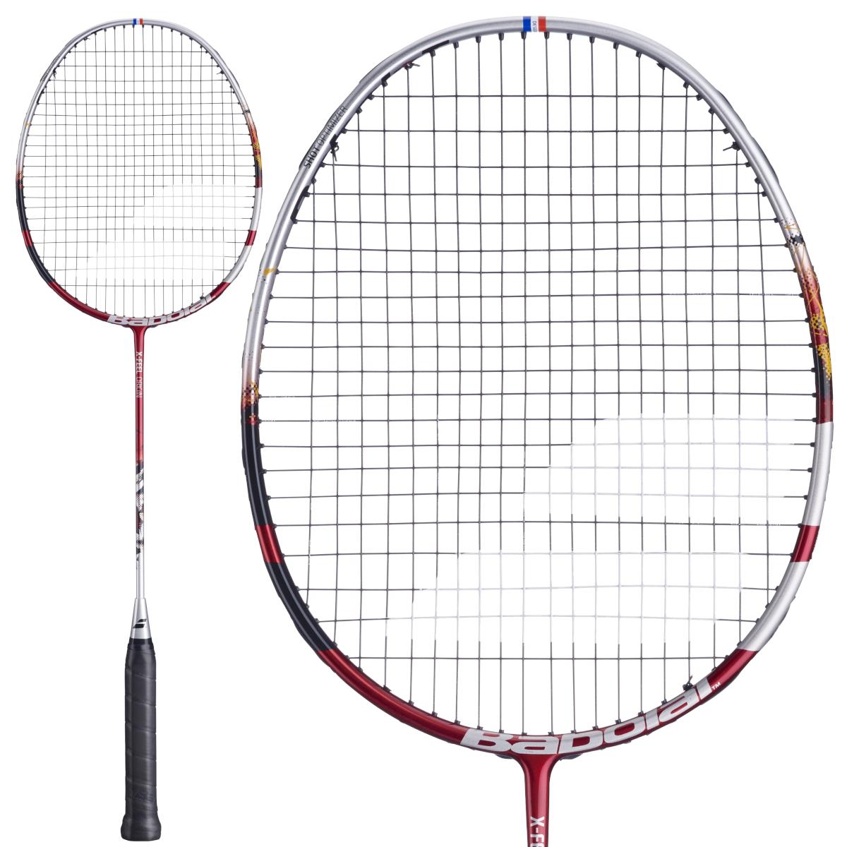The Babolat X-Feel Origin 2026 3U Badminton Racket by Babolat is shown in white and red, with a black handle and close-up of the racket head. Its string pattern delivers enhanced power on every shot.