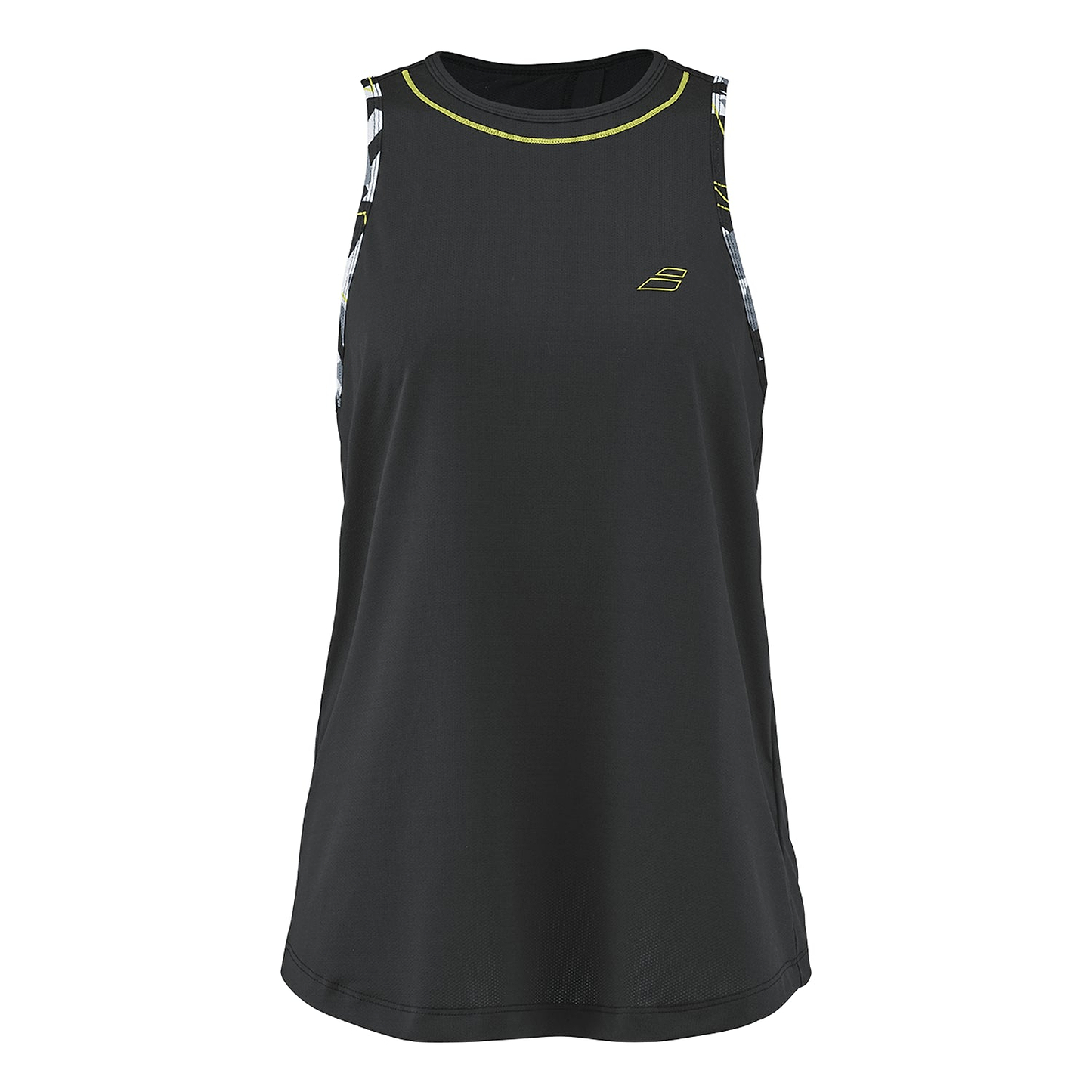 The Babolat Aero Womens Badminton Tank Top - Black is a sleeveless athletic top designed by Babolat. It features a small logo on the front and patterned white and black trim along the shoulders and neckline. Made from breathable synthetic materials with FIBERDRY technology, it is ideal for both sports activities and casual wear.