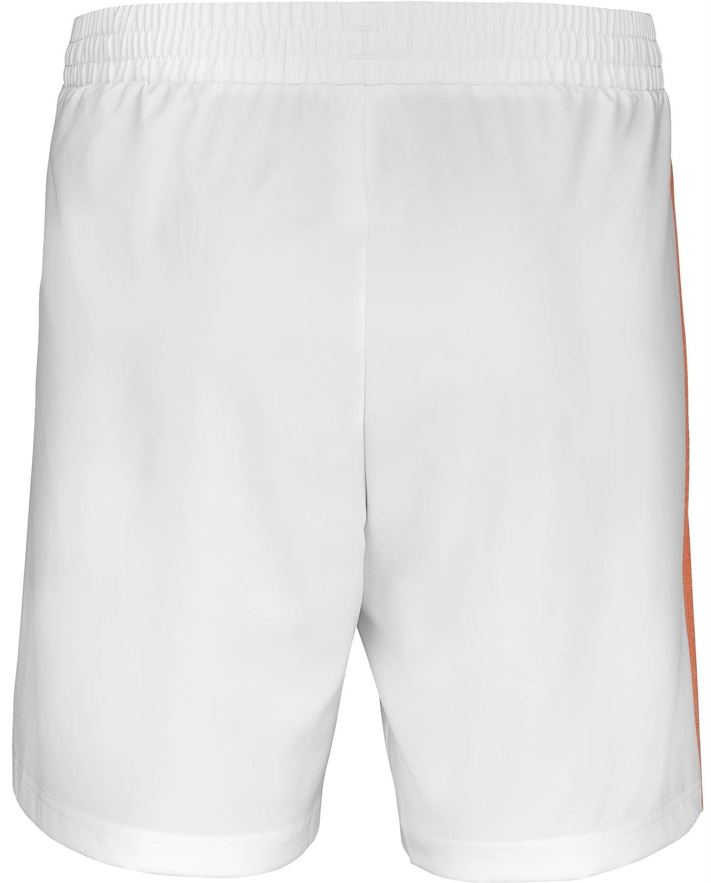 Back view of Babolat Play Mens Badminton Shorts - White / White by Babolat, featuring an elastic waistband and vertical orange stripe. Made from recycled polyester for comfort and style on the court.