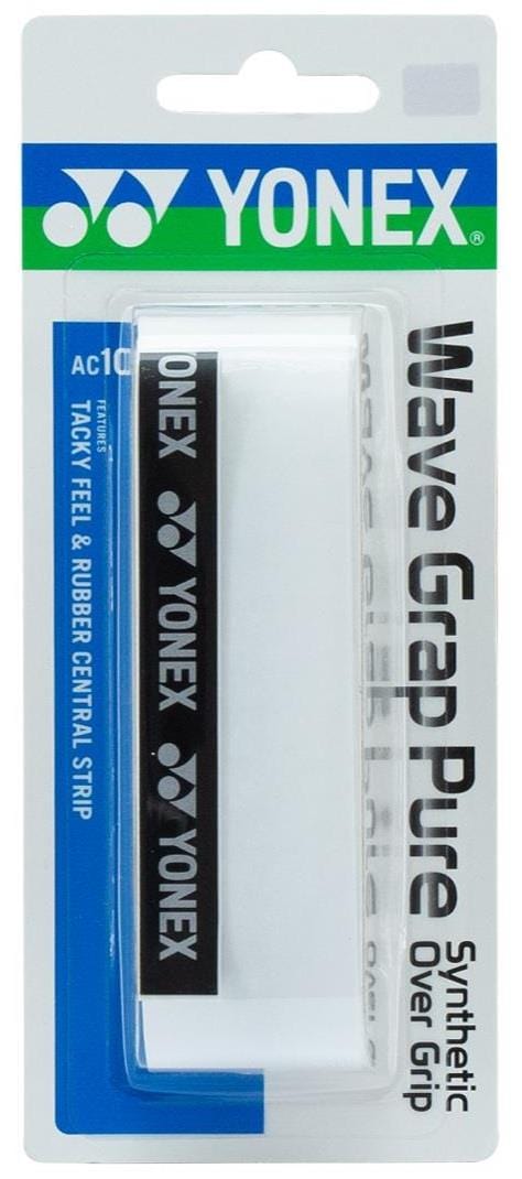 The Yonex AC108WEX Wave Grap Pure Badminton Overgrip in white comes in packaging with blue, green, and black accents. A clear window displays the grip, emphasizing Yonex branding and its non-slip, precision performance.
