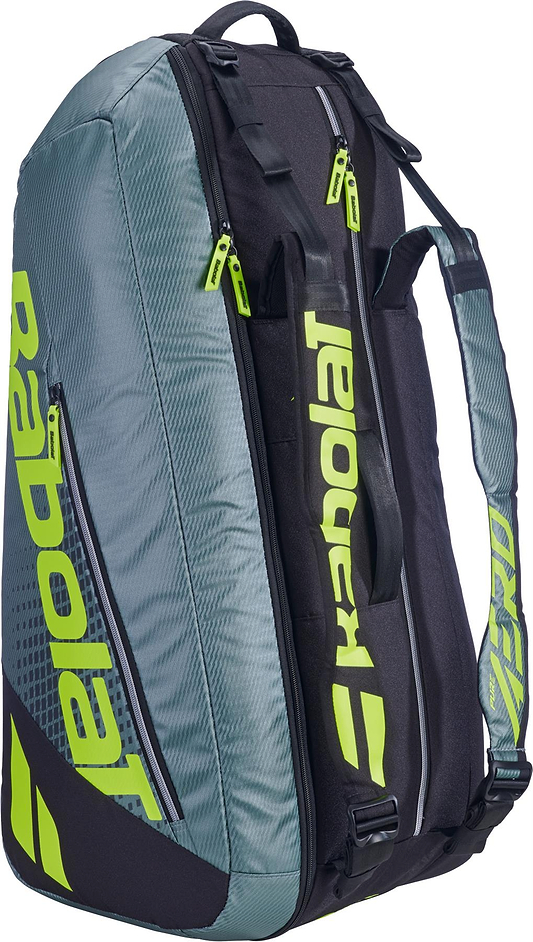 The Babolat RH6 Pure Aero 6 Racket Badminton Bag in grey and yellow is a versatile bag with multiple zippers and shoulder straps, ideal for carrying up to six rackets and gear for badminton or tennis.