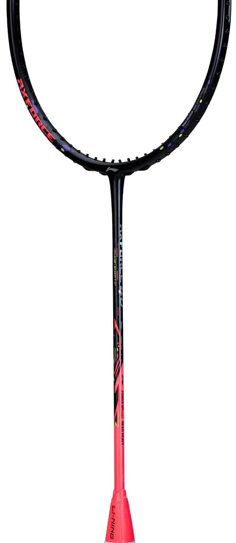 The Li-Ning Axforce 40 3U Badminton Racket in black/red features a circular head and slim shaft, made from TB Nano Carbon Fibre, and is shown against a white background.