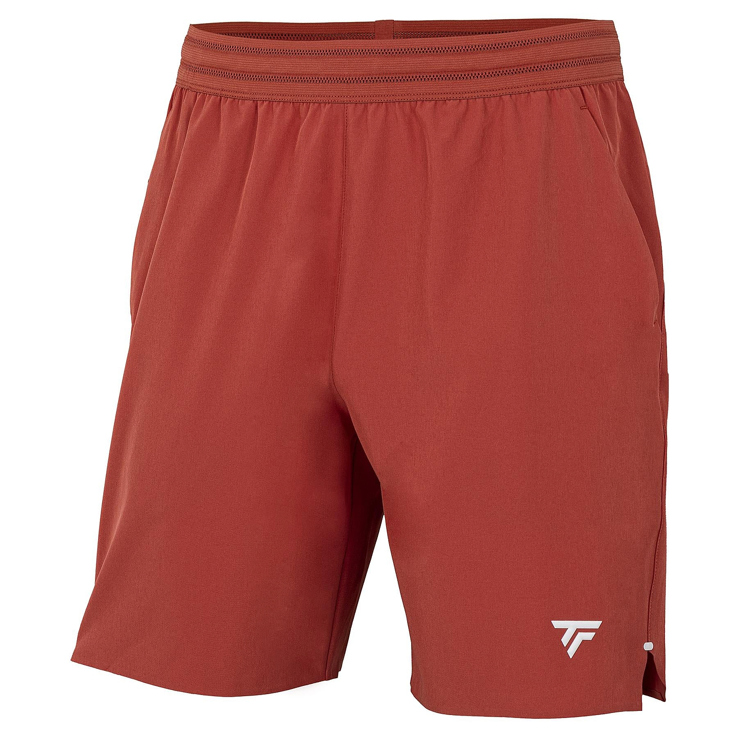 Tecnifibre Team Stretch Mens Badminton Shorts in terracotta feature an elastic waistband, side pockets, a small white Tecnifibre logo on the left leg, and a modern design ideal for badminton or casual wear.
