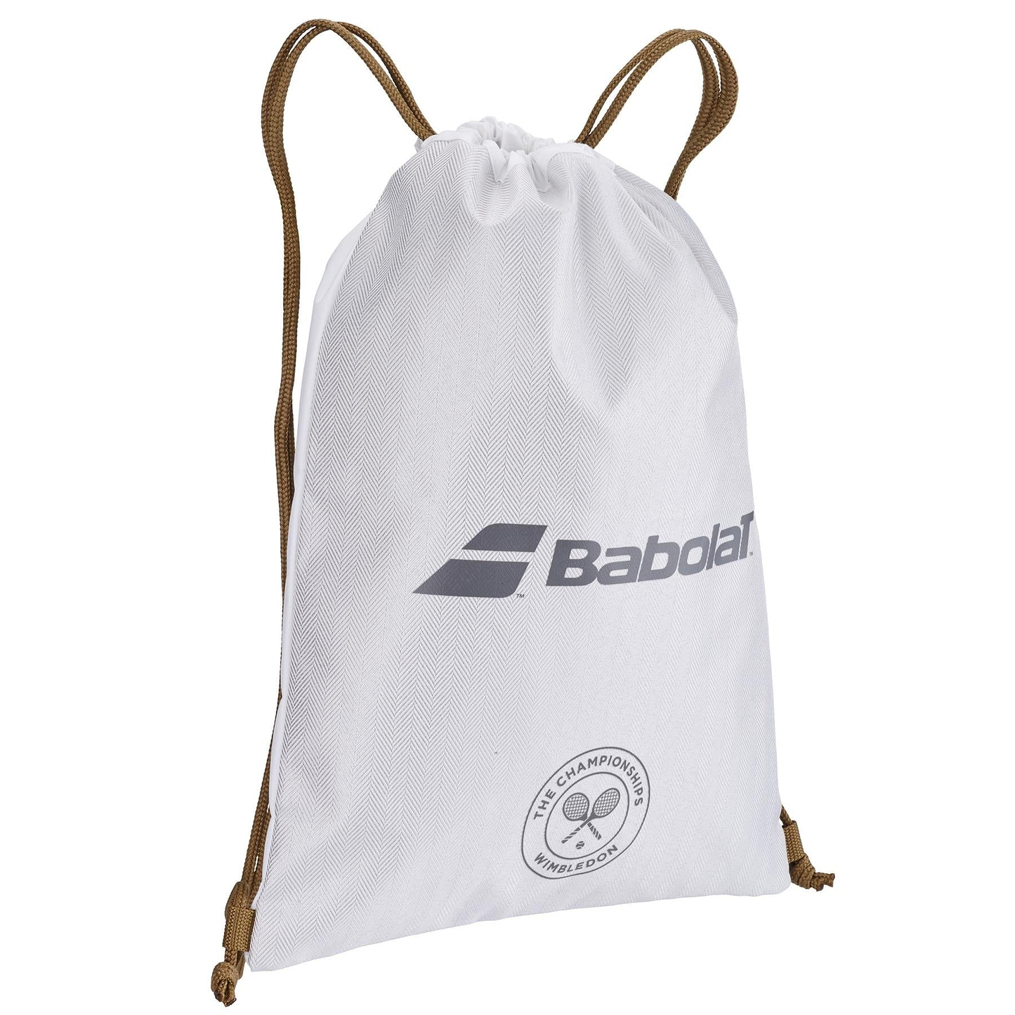 This compact and lightweight backpack from Babolat sports an elegant grey design with brown strings. It features the brand's logo in blue and the iconic Wimbledon Championship emblem in black, capturing the essence of this prestigious British tournament. The Babolat Wimbledon Gym Bag is both stylish and functional.