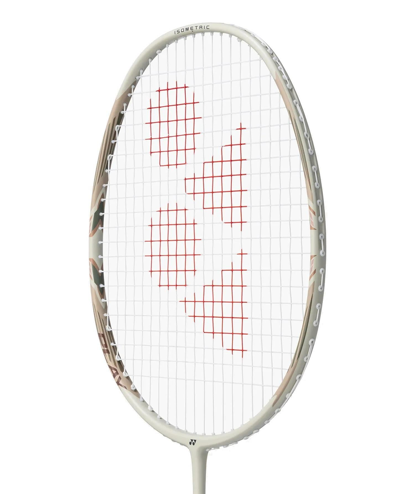A Yonex Arcsaber 7 Play 4U Badminton Racket in light beige, featuring red strings arranged in a triangular pattern on its ISOMETRIC frame, displayed against a plain white background.