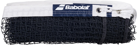 The Babolat Badminton Net is a standard-length black net with a white top band and metal grommets, featuring the Babolat logo on a blue patch—ideal for badminton games.