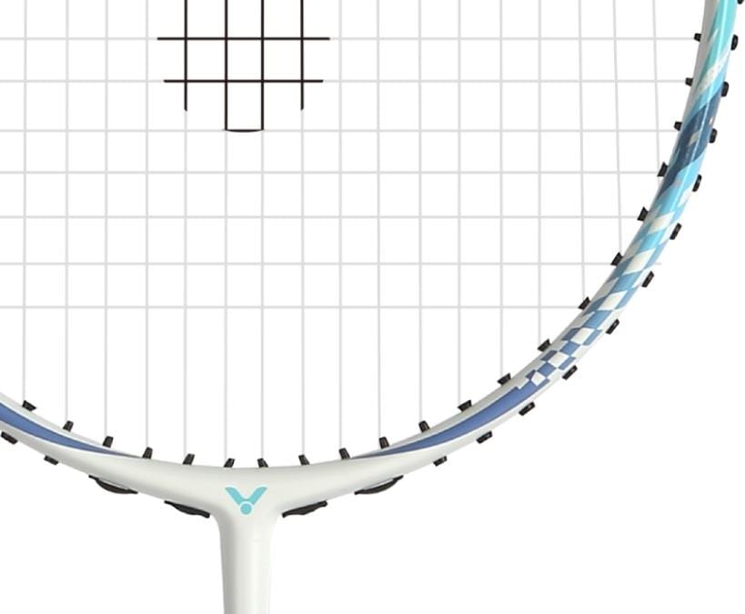 Close-up of the Victor Wrist Enhancer 140 M Training Badminton Racket in white by Victor, featuring a blue and white racket head with a grid of strings against a white background.