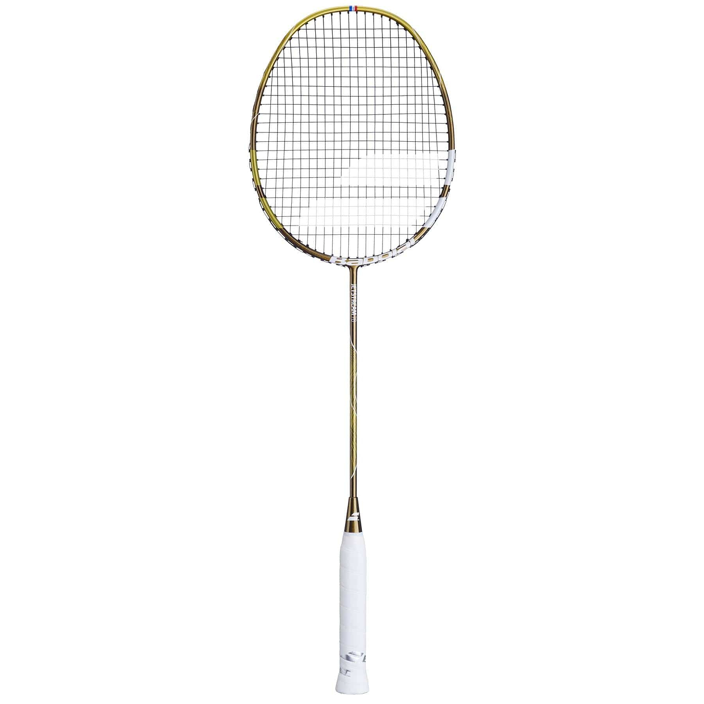 The Babolat Jetstream 78 5U Badminton Racket by Babolat is ultra-light with a metallic gold frame and white grip, offering exceptional maneuverability. It has crisscross patterned strings, a rounded head, and a slender shaft set against a plain white background.