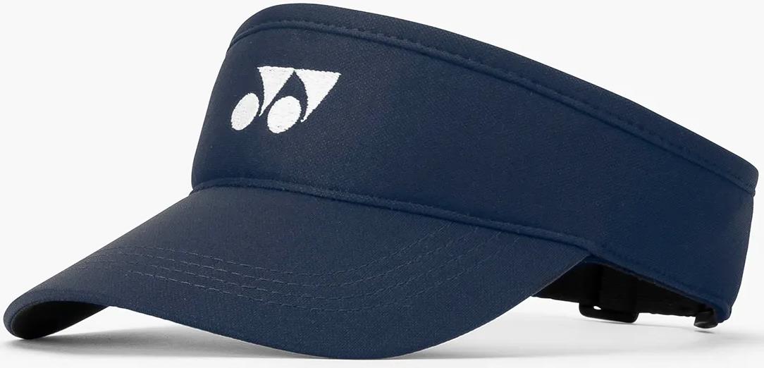 The Yonex 40126EX Badminton Visor in navy blue is made from breathable polyester, has a curved brim, adjustable back, and features Yonex’s white logo with two circles and a triangle on the front.