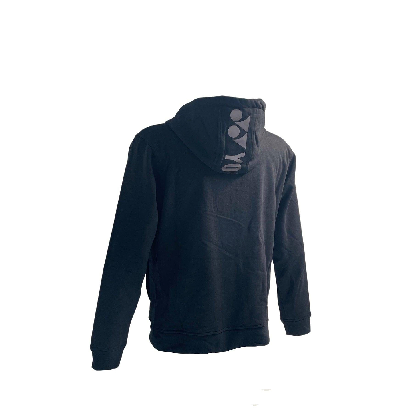 The Yonex YHD2024 Unisex Badminton Hoodie in black features a gray logo on the hood, long sleeves, and insulated fabric for warmth, combining sleek style with functionality.