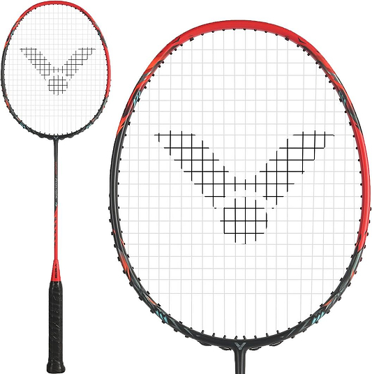 The Victor Thruster Ryuga TD C 4U Badminton Racket in black and red, featuring a black Victor logo on the strings, is displayed in full view and close-up, highlighting its Power Box technology and unique string pattern.
