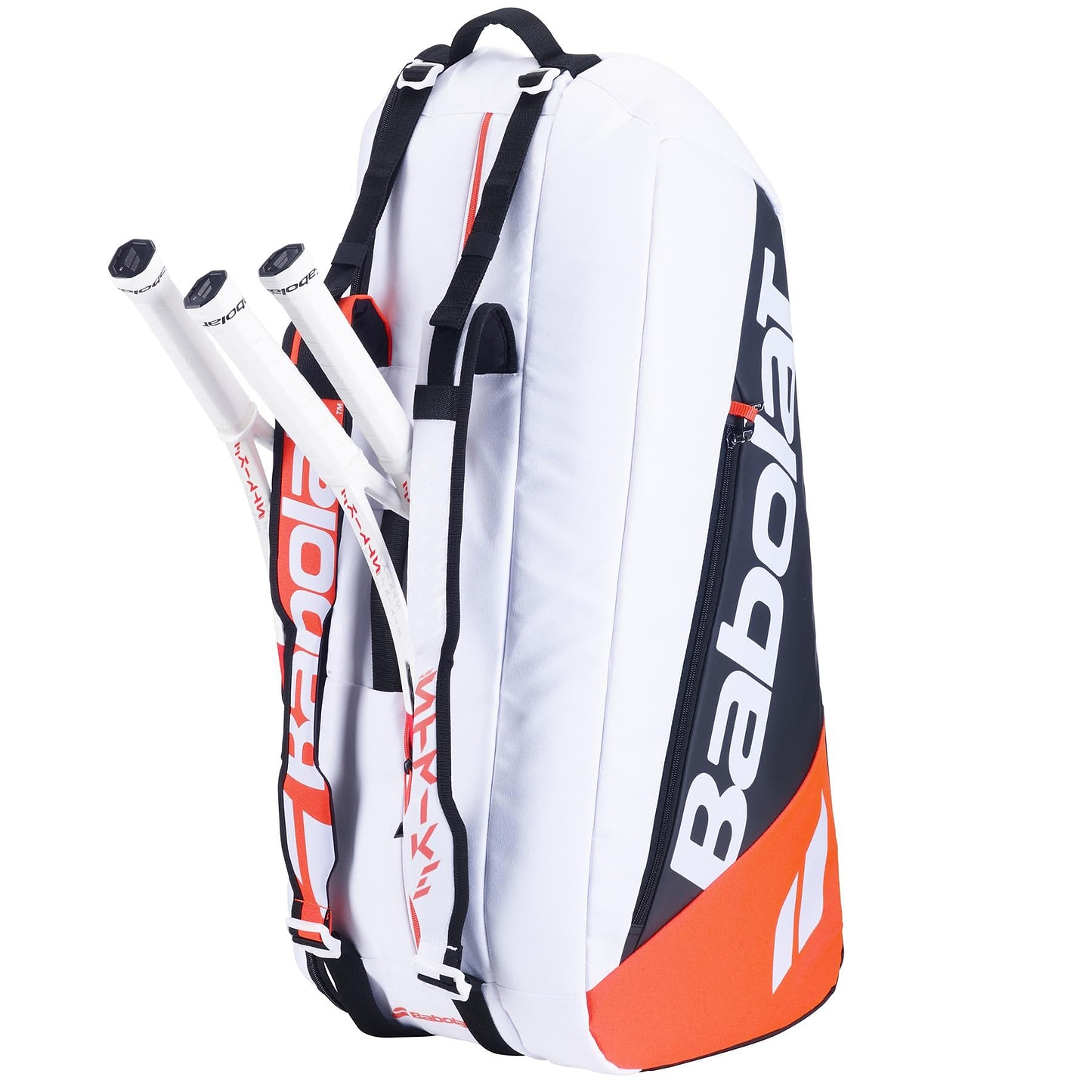 The Babolat RH6 Pure Strike 4th Gen 6 Racket Badminton Bag in white, black, and red is crafted with isothermal material and showcases three partially visible rackets. This versatile bag features multiple compartments and shoulder straps, making it a convenient option for both tennis and badminton enthusiasts.
