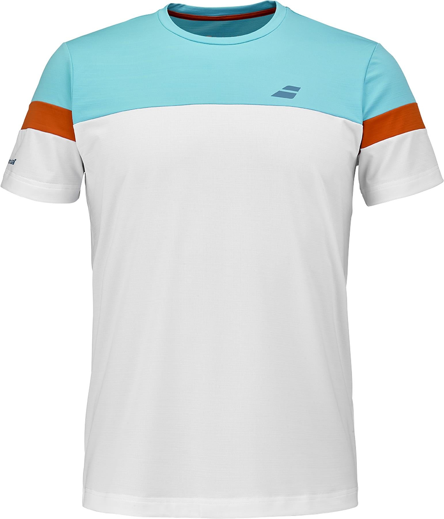 The Babolat Crew Neck Mens Badminton T-Shirt in white features a light blue upper chest, orange sleeve bands, crew neck design, and a small gray logo on the left chest—ideal for badminton fans.