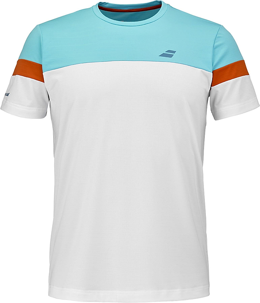 The Babolat Crew Neck Mens Badminton T-Shirt in white features a light blue upper chest, orange sleeve bands, crew neck design, and a small gray logo on the left chest—ideal for badminton fans.