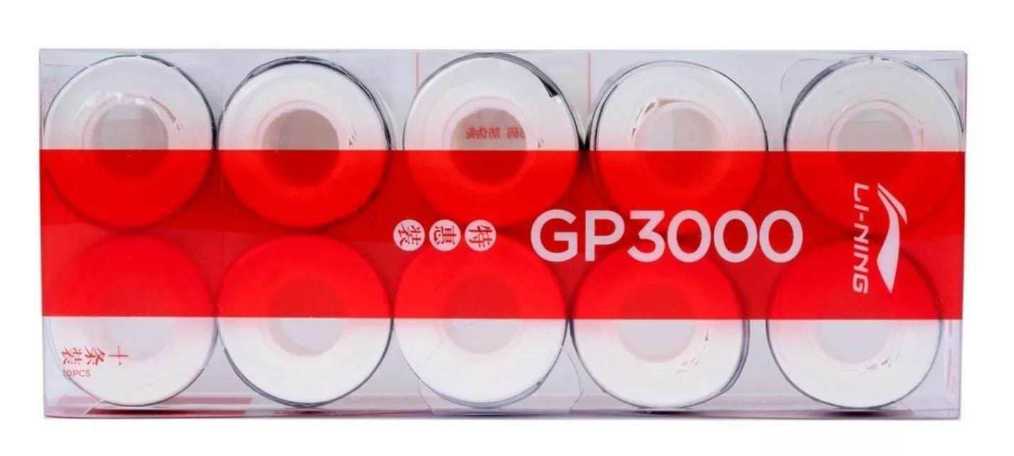 A pack of ten Li-Ning GP3000 White Badminton Overgrip tapes, known for their non-slip technology, is neatly arranged in a transparent plastic box with red labeling.