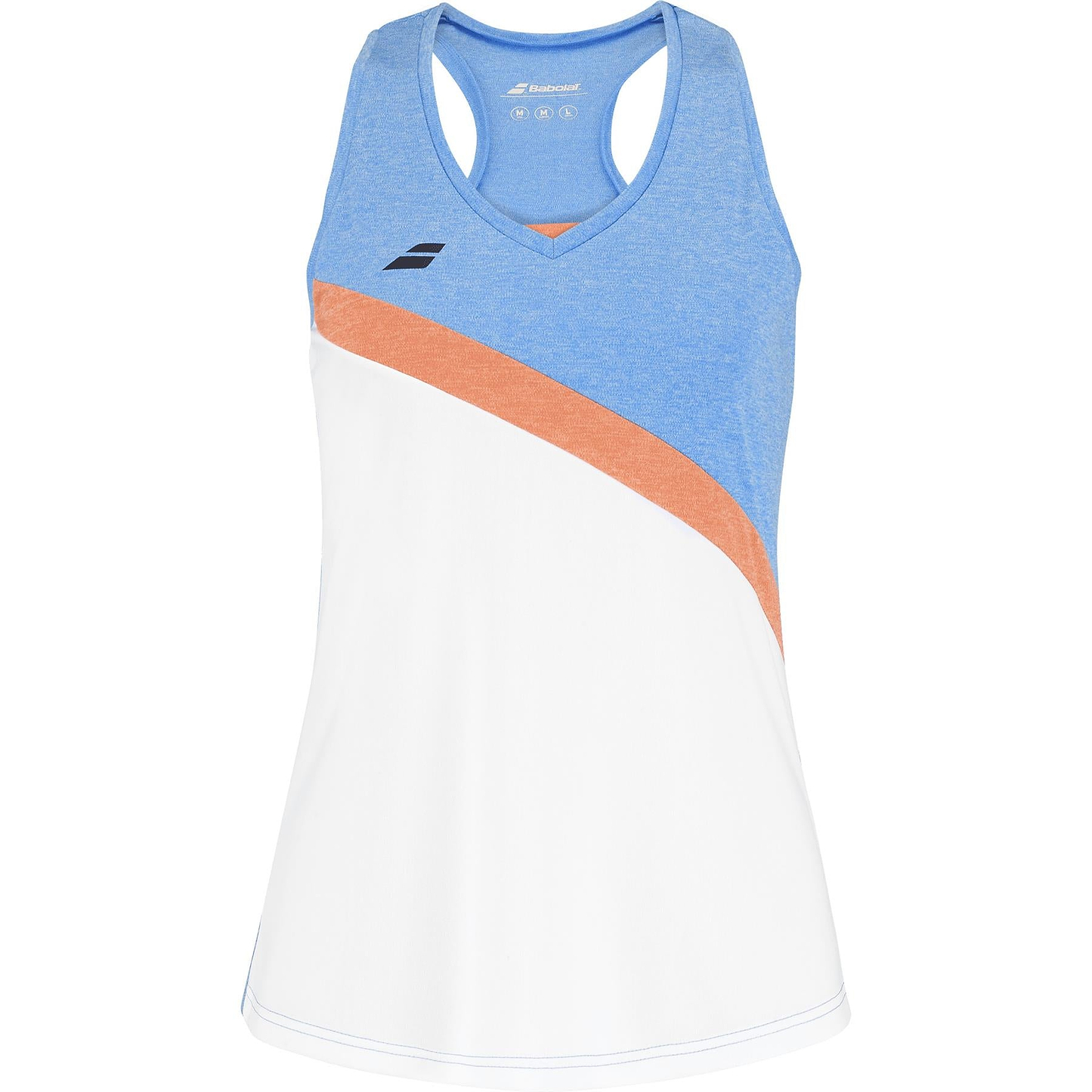 The Babolat Play Women's Badminton Tank Top is a stylish sleeveless piece with a racerback design, made from Fiber Dry polyester. It features a light blue upper, diagonal orange stripe, and white lower section, accented by a small black logo on the left chest.