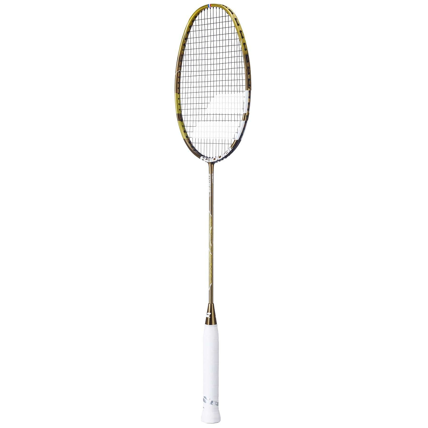 The Babolat Jetstream 78 5U Badminton Racket, by Babolat, features an ultra-lightweight design with a gold and white color scheme. It offers a thin frame for enhanced precision and boasts a classic, sleek look.