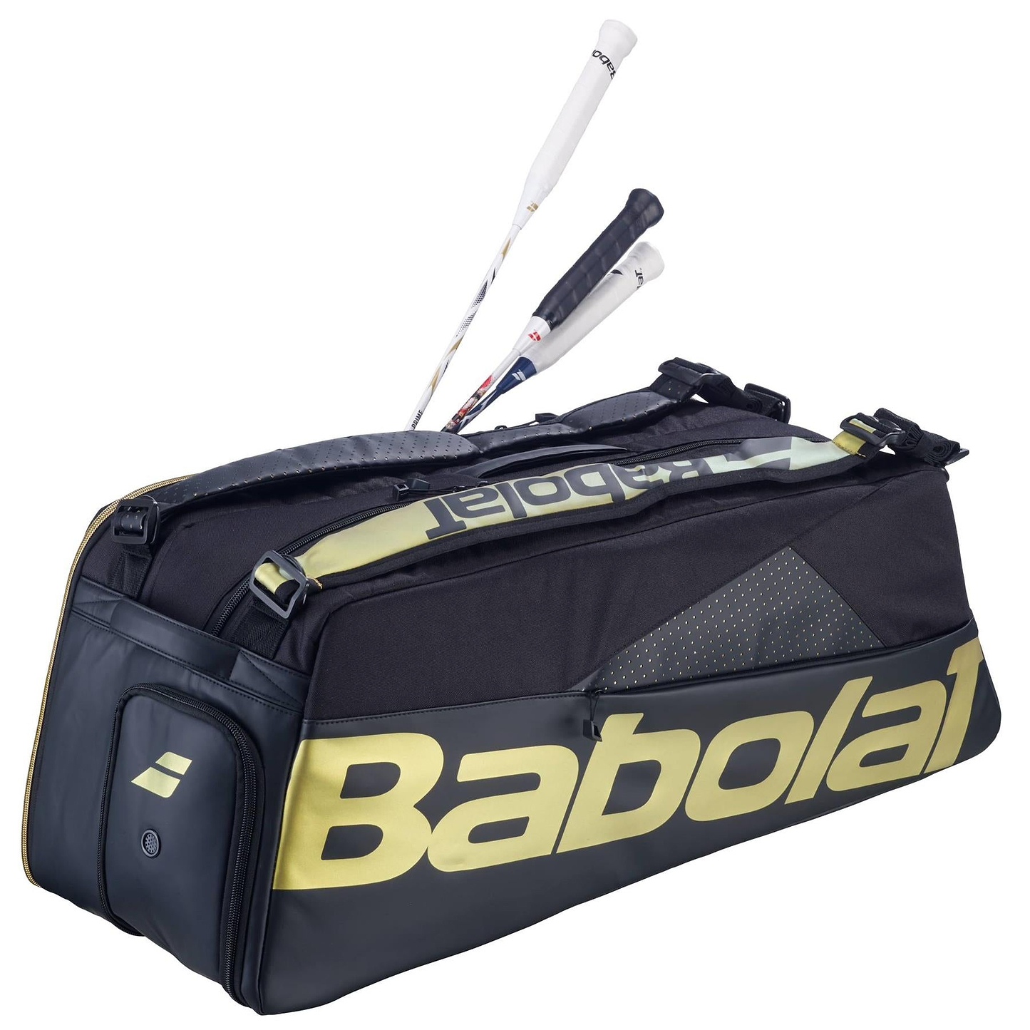 The Babolat Cross Pro Badminton Bag in black/gold features a thermoformed shell, large Babolat logo, padded shoulder strap, and can hold two racquets in the top compartment.