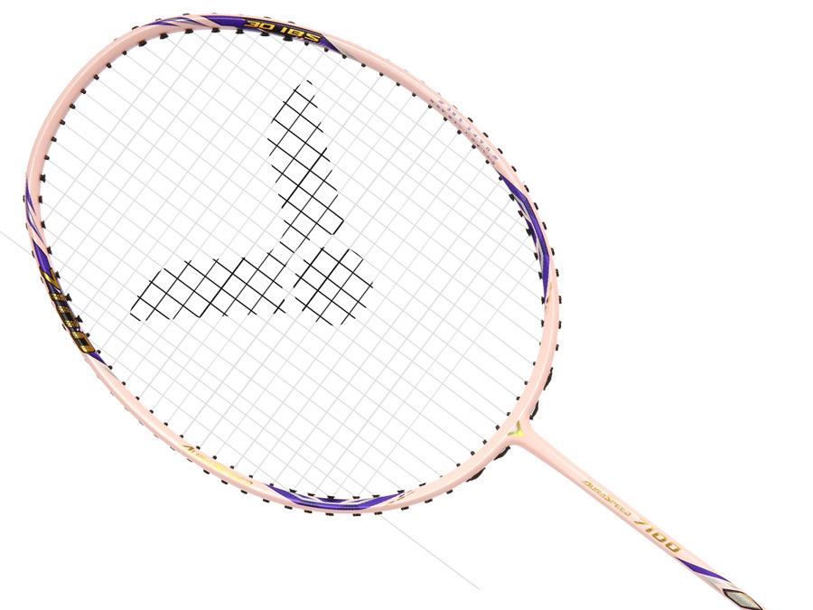 The Victor Auraspeed 7100 4U Badminton Racket - Pink by Victor features a pink and purple design with a black triangular logo on the strings, shown against a white background—an ideal choice for beginners.
