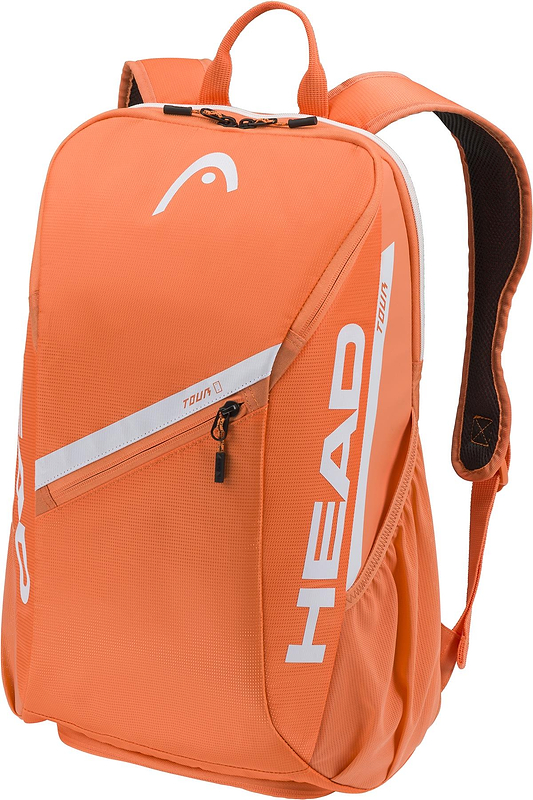 The HEAD Tour 25L Badminton Backpack in orange features a top handle, padded shoulder straps, front zip pocket, and white HEAD branding. Its sleek, sporty design makes it a versatile racket bag for players on the go.