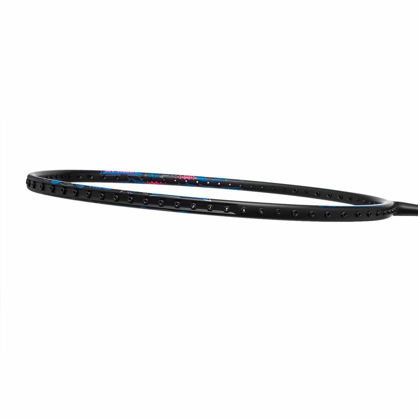 Close-up of a Li-Ning Axforce Big Bang 6U Badminton Racket frame in black, showcasing a sleek design with small holes for strings. The frame features subtle blue and red accents against an Ex-Light white background.