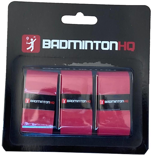 A black BadmintonHQ package displays three red BadmintonHQ overgrips, each wrapped with a black band showing the logo, designed for ultra-tacky grip and excellent sweat absorption.