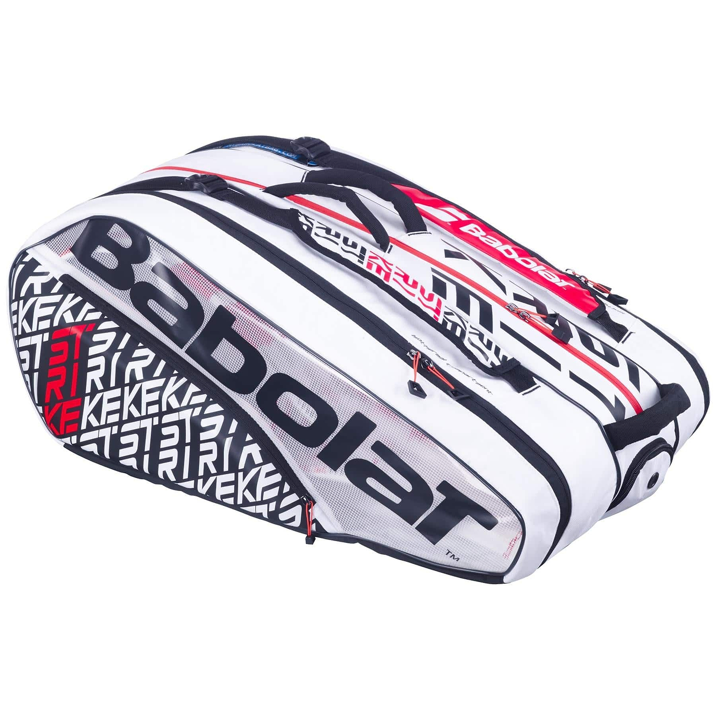 The Babolat RH12 Pure Strike 12 Racket Bag in white with black and red accents offers a spacious design with multiple compartments, including a durable insulated section and a transparent shoe compartment. It features prominent branding and a textured graphic design.