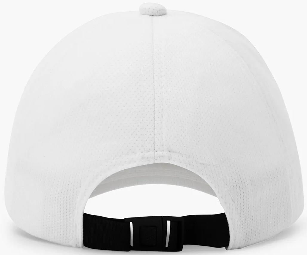 Back view of the Yonex 40125EX Badminton Cap in White, featuring a black adjustable strap and buckle for fit, lightweight breathable design, top button, and visible stitching details. Brand: Yonex.