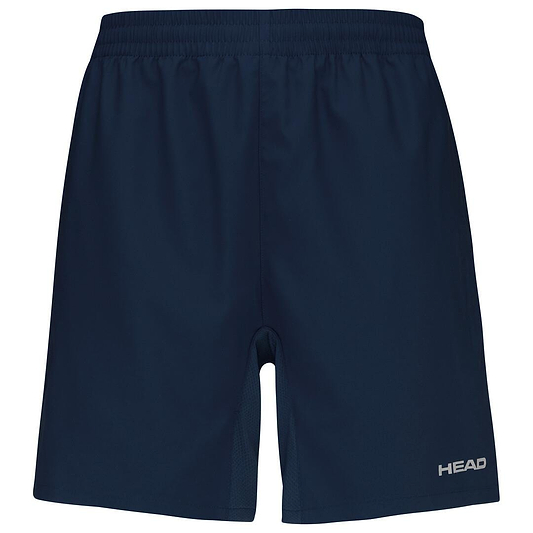 The HEAD Club Men's Badminton Shorts, in dark blue, showcase an elastic waistband with the "HEAD" logo in white near the hem. Equipped with MXM Technology for efficient moisture transfer, these shorts boast a simple yet classic design ideal for both sports and casual occasions.