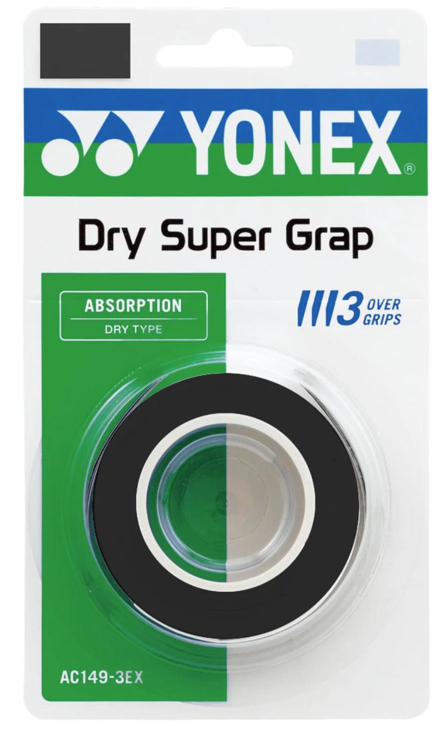 The Yonex AC149-3EX Dry Super Grap Badminton Overgrip (3 Pack) in black features superior absorption and dry feel, providing three grips per pack for your racquet.