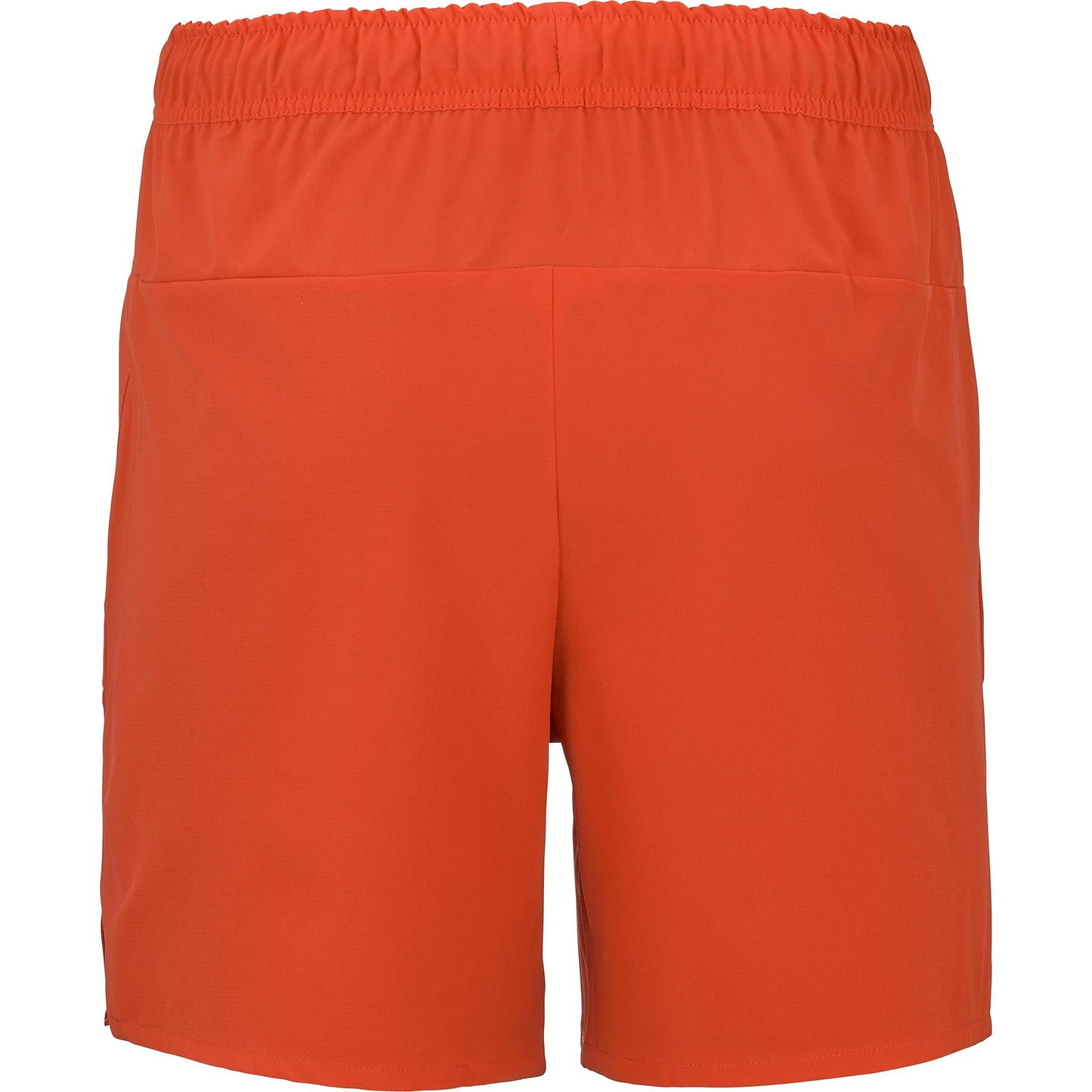 Babolat Play Men's Badminton Shorts in Cherry Tomato, shown from the back against a plain white background. These solid color shorts feature an elastic waistband and are made from recycled polyester, with no visible logos or patterns.