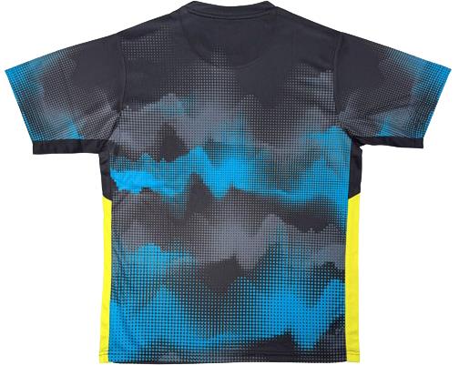 The Yonex YTM2025B Men's Badminton T-Shirt - Black features short sleeves, a dark gray and black base with blue and light gray dotted patterns, plus yellow side panels. Shown is the premium Yonex shirt from the back.