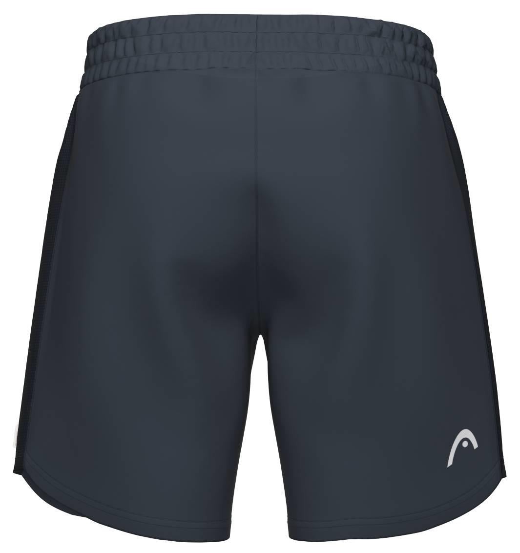 HEAD Power Men’s Badminton Shorts in navy, shown from the back, feature an elastic waistband and a small white HEAD logo on the lower left leg. These breathable shorts provide comfort and style for any activity.