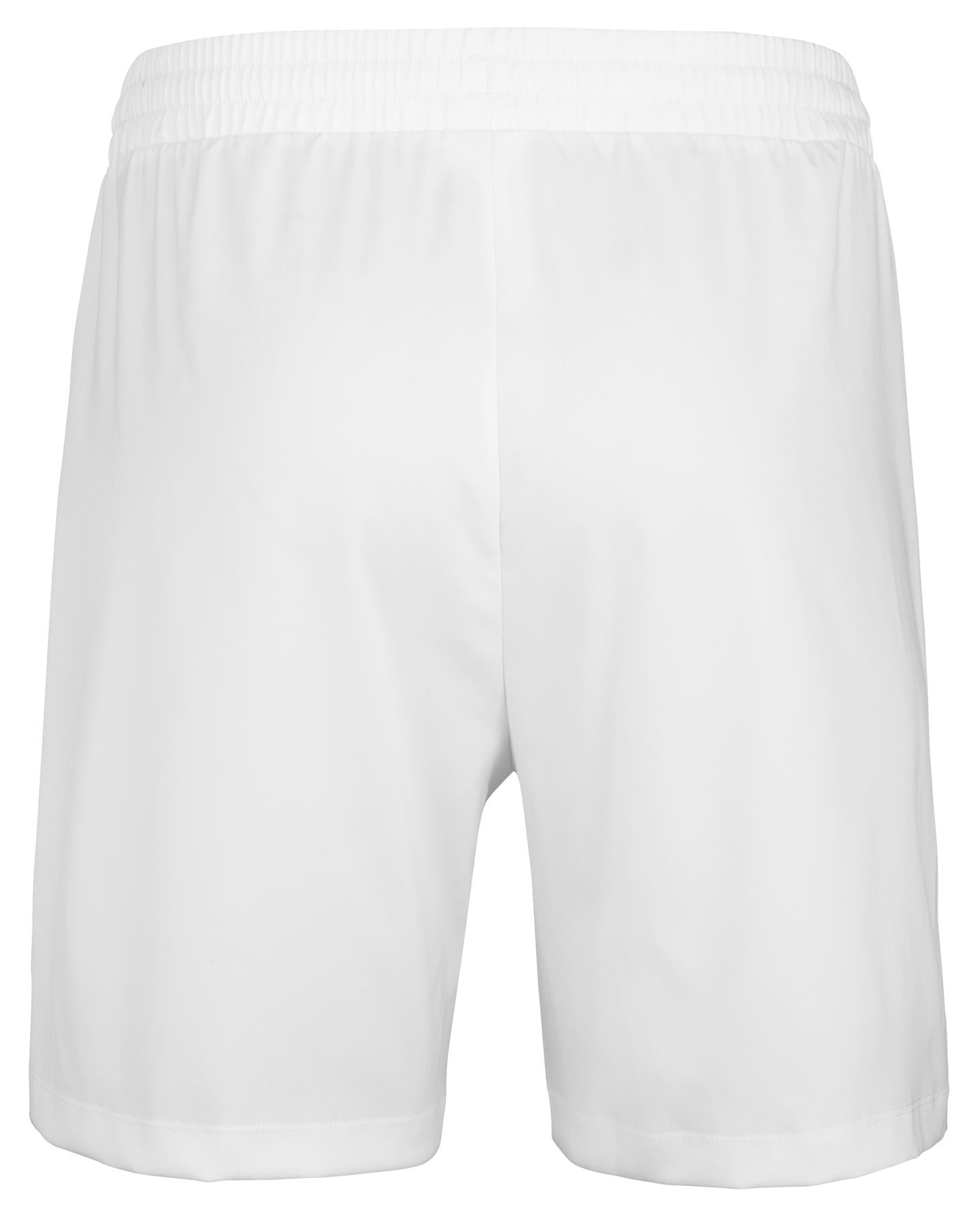 The Babolat Play Men's Badminton Shorts, designed in a sleek white color, are made from recycled polyester for a smooth finish. These athletic shorts by Babolat ensure comfort with their elastic waistband and feature a back view that highlights their stylish fabric.