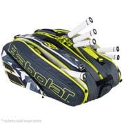 A Babolat RHX12 Pure Aero Racket Bag in grey and yellow, equipped with multiple compartments. Perfect for tournament players, the bag prominently displays several rackets with white grips extending from it.