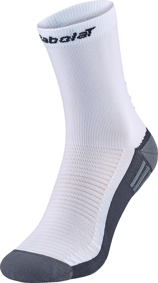 The Babolat Mid-Calf Badminton Socks in white with black logo offer ribbed support and gray heel/toe accents—ideal for badminton players seeking comfort and style.