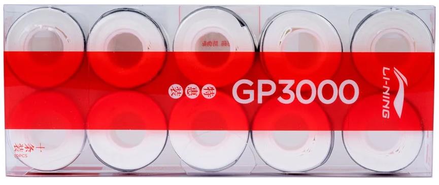 A clear plastic box containing ten black Li-Ning GP3000 Badminton Overgrips, featuring the brand logo and Chinese text on a red banner—ideal for players seeking improved control with quality Li-Ning overgrips.