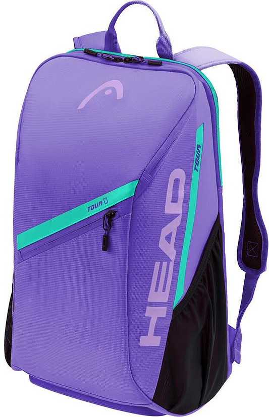 The HEAD Tour 25L Badminton Backpack in purple features teal and black accents, a front zipper pocket, side mesh pocket, top handle, adjustable shoulder straps, and a vertical HEAD logo on the front.