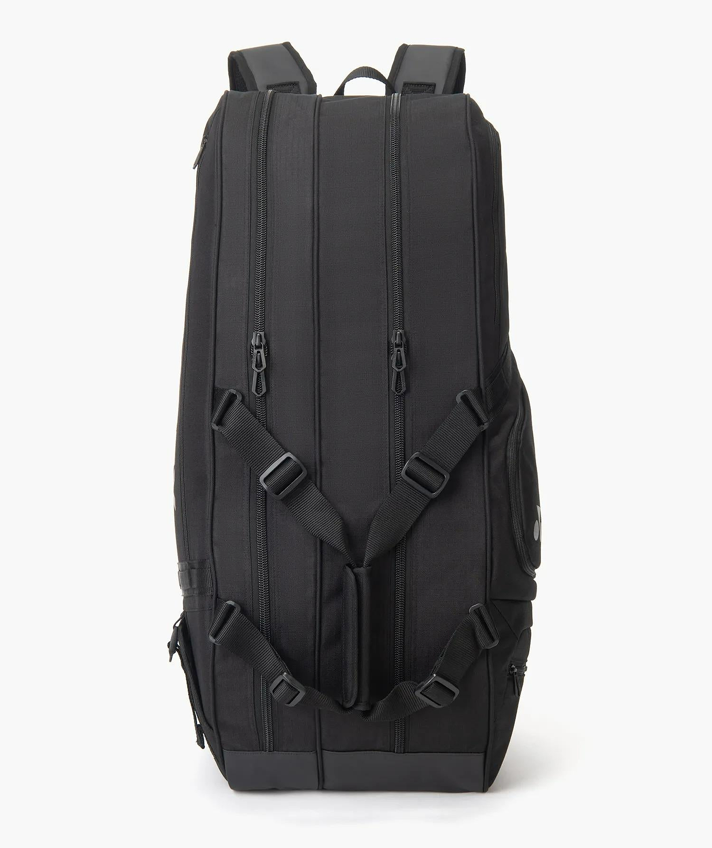 The Yonex BA72626EX Gearlogic 6 Racket Badminton Bag in black features multiple zippered compartments, adjustable shoulder straps, and side pockets, shown upright against a white background.
