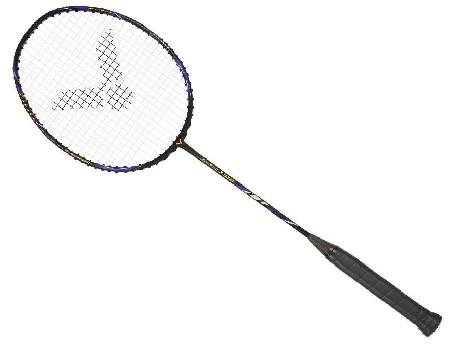 The Victor Auraspeed 7100 4U Badminton Racket by Victor, in black with blue accents, features a white string bed and black grip. Made from High Resilience graphite, it's shown diagonally on a white background.