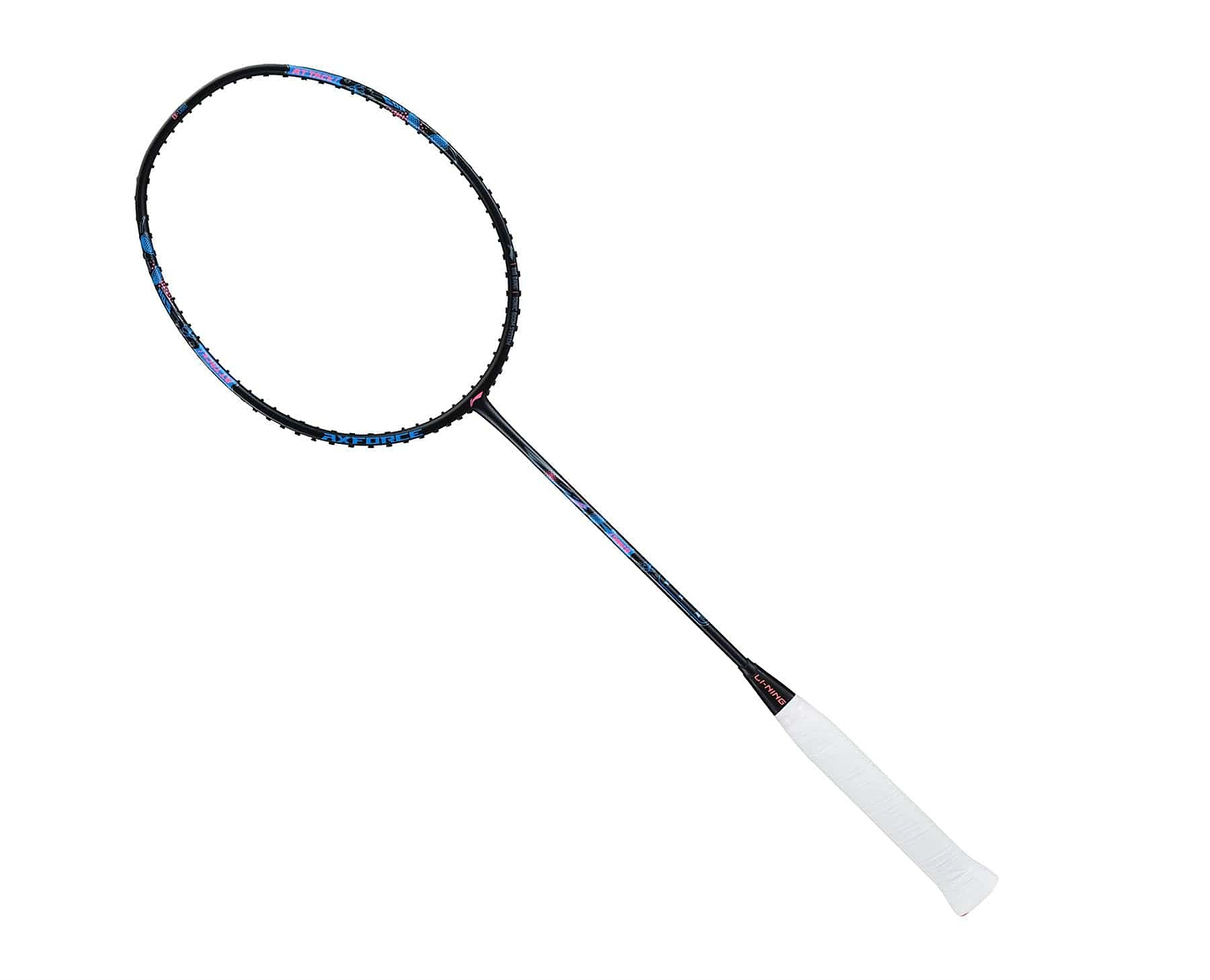 The Li-Ning Axforce Big Bang 6U Badminton Racket - Black boasts an Ex-Light frame that features a bold black design enhanced with blue and red details, accompanied by a white grip. Perfect for power players, the Sonic Boom System elevates performance, all elegantly presented against a crisp white background.