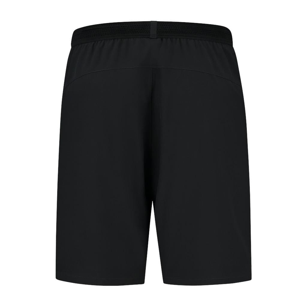 The K-Swiss Hypercourt Men's Shorts in black are shown from the back, showcasing an elastic waistband and a straight cut. The smooth fabric emphasizes K-Swiss's dedication to performance apparel, making these shorts ideal for both sports and casual wear.