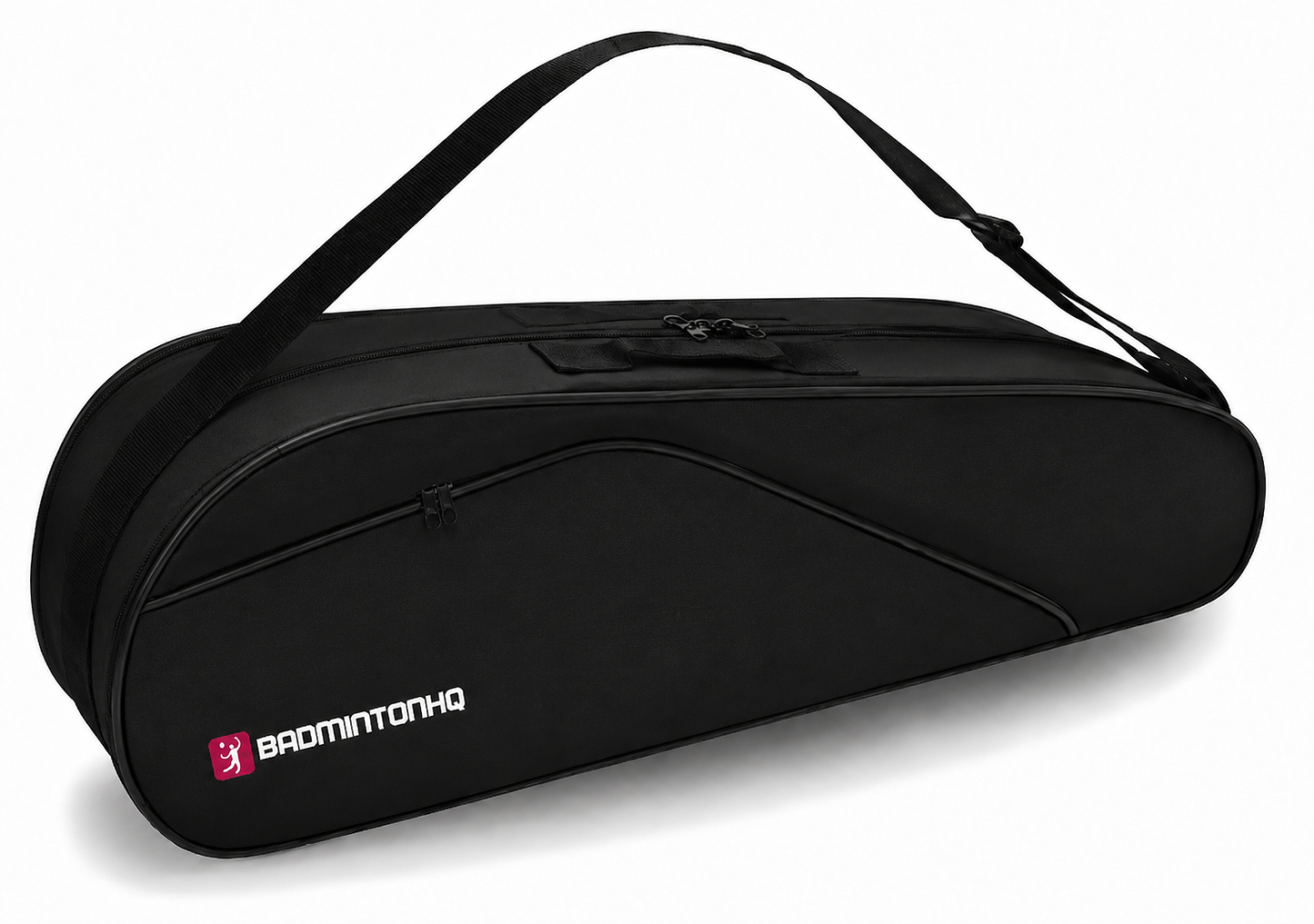 The BadmintonHQ 6 Racket Badminton Bag - Black features a shoulder strap, zippered compartments, and a white and pink “BADMINTONHQ” logo. It holds up to 6 rackets for easy storage and transport.