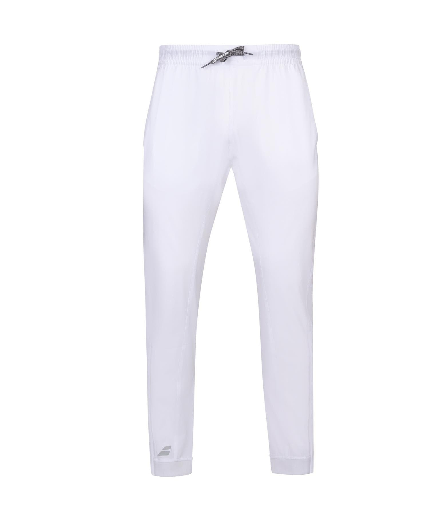 The Babolat Play Men's Badminton Pants - White are crafted from lightweight, four-way stretch fabric and feature a slim-fit design. These athletic pants include an elastic waistband with a gray drawstring and display a subtle brand logo near the bottom of one leg, offering both style and comfort for sports or casual wear.