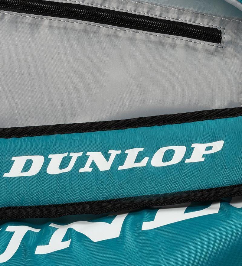 A close-up of the spacious Dunlop SX Club 10 Racket Badminton Bag in gray, teal, and black, featuring a prominent white "DUNLOP" logo on the teal section with a black zipper, ideal for fans of the Dunlop SX Club 10 line.