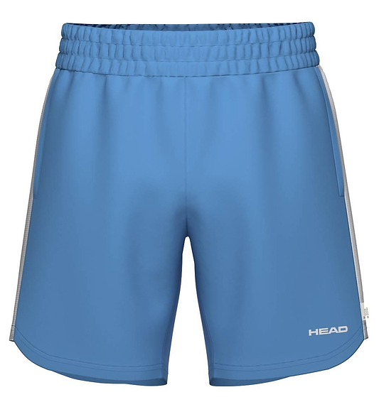 HEAD Power Men's Badminton Shorts in Airforce Blue feature a lightweight design, elastic waistband, white vertical side stripes, and the HEAD logo in white on the lower left leg.