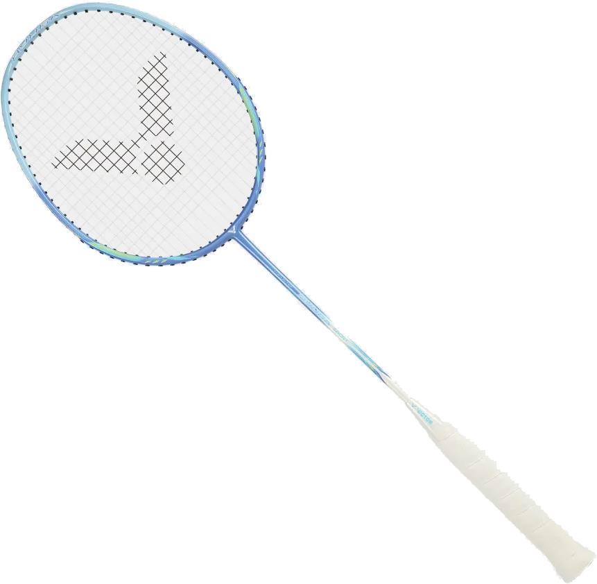 The Victor Thruster Ryuga Sport F 3U Badminton Racket in blue by Victor features a white grip and a unique black arrow-like pattern on the strings, perfect for beginner to intermediate players, pictured on a plain white background.