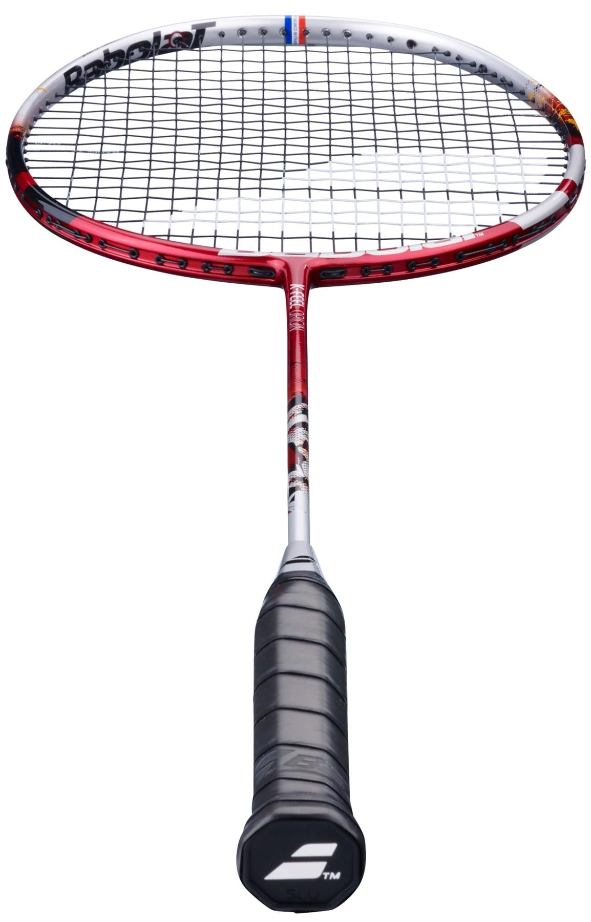 The Babolat X-Feel Origin 2026 3U Badminton Racket in white and red, shown upright with a black grip against a white background, showcases Babolat’s renowned power potential.