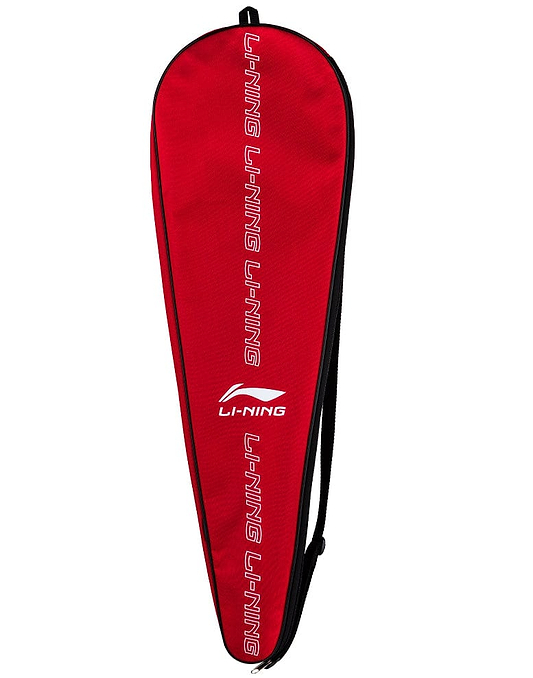 Introducing the Li-Ning Badminton Racket Cover in red, featuring black accents and precision-reinforced stitching. The front displays the brand name "Li-Ning" printed in white several times vertically. It includes a convenient carry strap for easy transport.