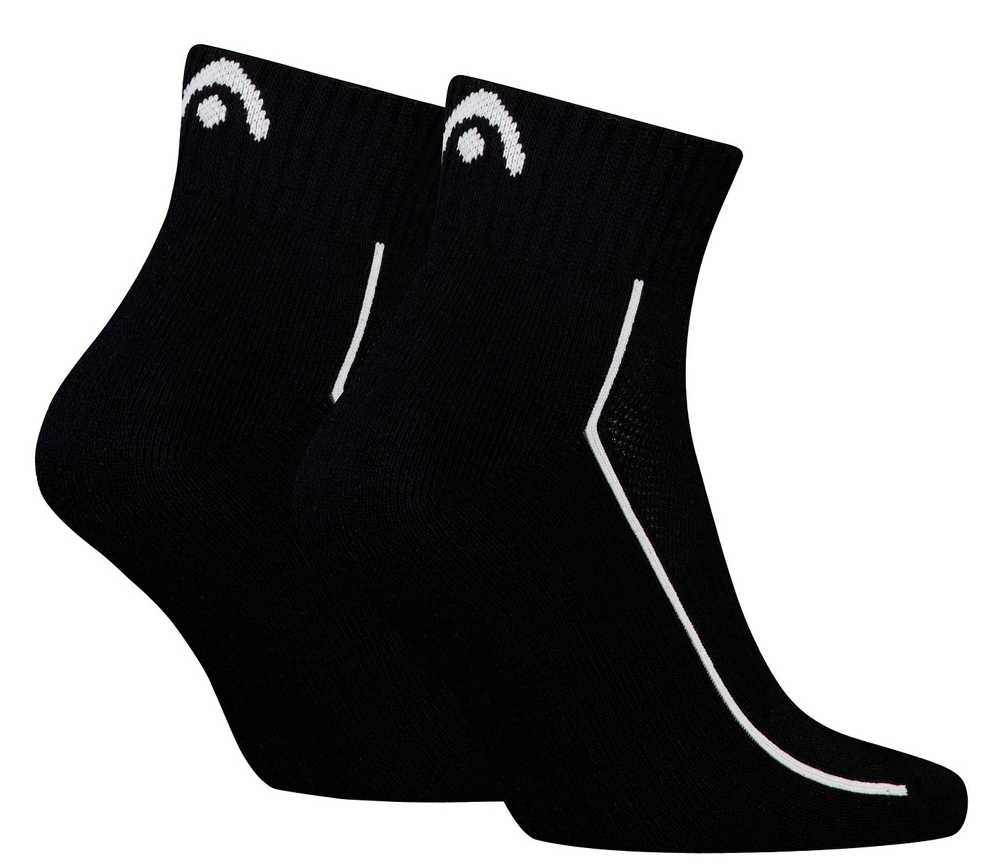 HEAD Performance Quarter Badminton Socks - Black (2 Pack) by HEAD feature a cushioned sole, white curved line design on the sides, and a white logo near the top.